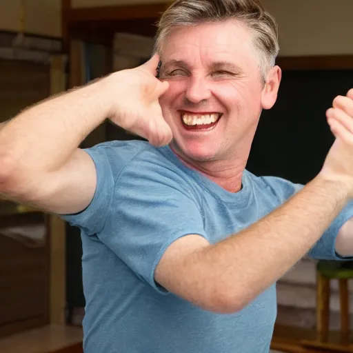 Image similar to a english irish middle aged man with brown moptop hair and red cheeks is clean shaven. he is wearing a dark blue tshirt and shorts. he dances with his arms excitedly like a chicken in his kitchen