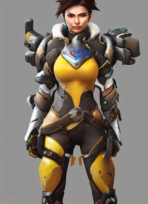 Prompt: a hyper realistic portrait of a female warrior wearing overwatch armor, tracer, mercy from overwatch, concept art, photograpphy, realisitic, 8 k, vray, concept armor, artstation