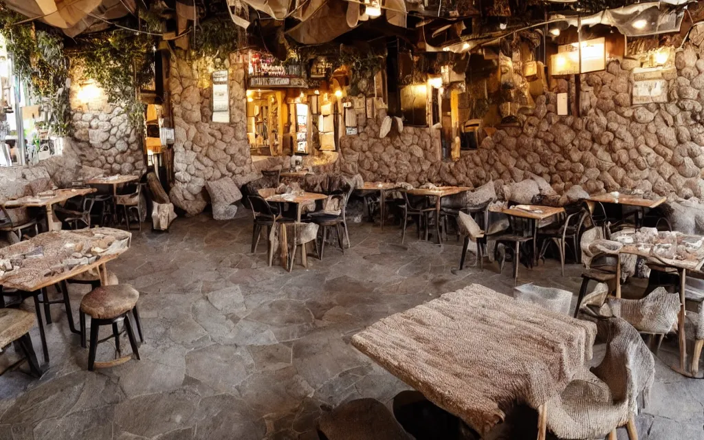 Image similar to a restaurant in the rocks with the floor covered with carpets, in the center there is a bale of hay used as a set table