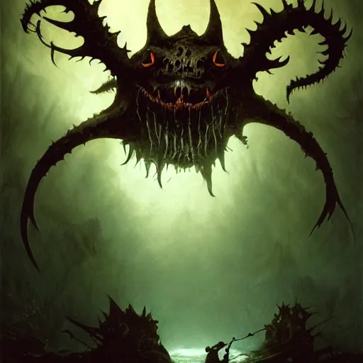 Prompt: A terrifying image of a Giant Satanic Angler-Fish Demon in the darkness of the Marianas Trench Abyss, fullbody, intricate, demonic, video game art, highly detailed, artstation, green field with village ruins, concept art, smooth, sharp focus, illustration, art by greg rutkowski and orientalism and bouguereau and Zdzislaw Beksinski, good clear quality, lighting, biology, symmetrical artwork, perfect face, 135 mm, cinematic, hyper realism, high detail, octane render, 8k, chrome accents