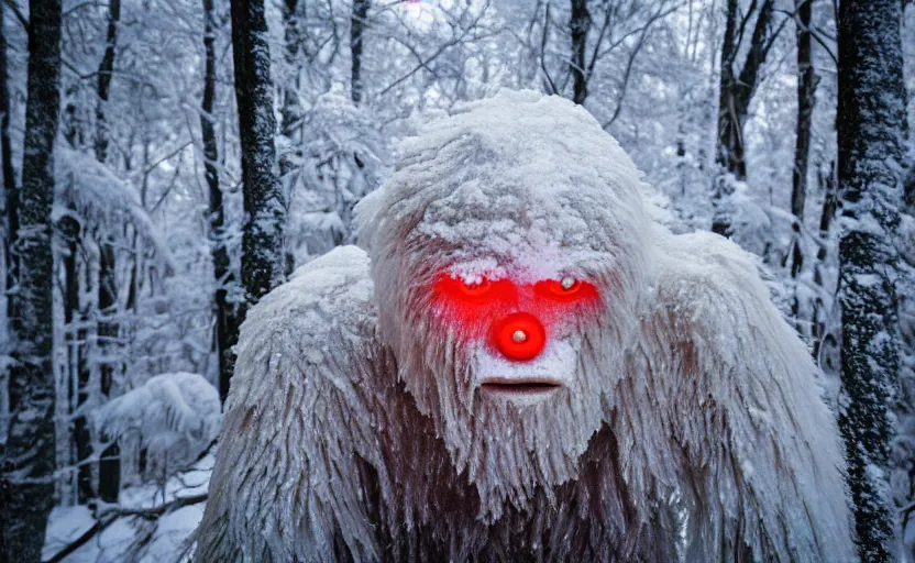 Image similar to hyperrealistic photograph of a yeti with glowing red eyes full body in snow covered woods