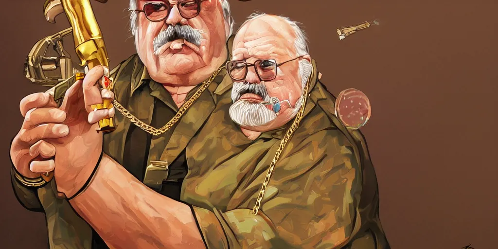 Image similar to wilford brimley rapper wearing gold chains with gold rings on his fingers carrying rpg - 7 diabeetus high fidelity painting high resolution trending on artstation