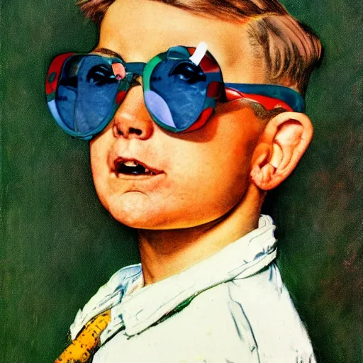 Prompt: a norman rockwell painting of a old - fashioned - young - boy wearing brightly colored cheap sunglasses