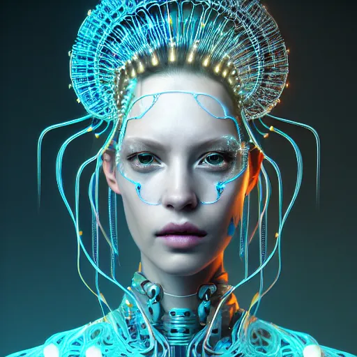 Image similar to portrait of an absurdly beautiful, graceful, sophisticated, fashionable cyberpunk mechanoid, hyperdetailed illustration by irakli nadar, matt wisniewski style, intricate linework, white porcelain skin, iridescent fractal headdress, day - glow facepaint, jellyfish ruff, unreal engine 5 highly rendered, global illumination, blue light, detailed and intricate environment