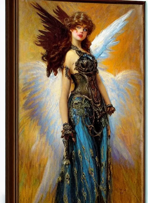 Image similar to vertical prtrait of an angel knight gothic girl, baroque dress. by gaston bussiere
