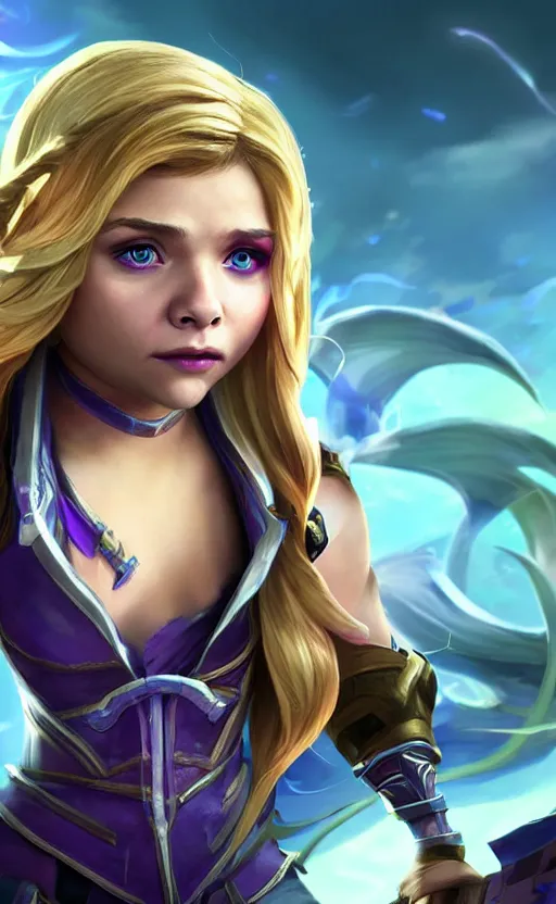 Image similar to Chloë Grace Moretz as a character in the game League of Legends, with a background based on the game League of Legends, detailed face, old 3d graphics