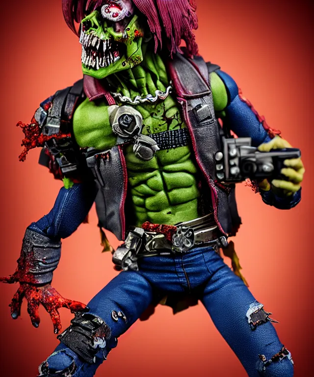 Image similar to hyperrealistic rendering, punk rock zombie is motu action figure, product photography