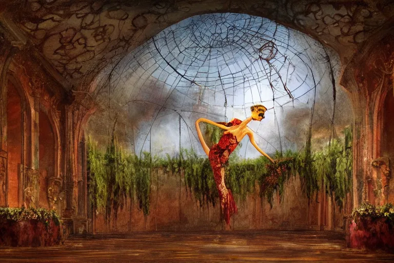 Prompt: a beautiful painting of a domed decaying ballroom, rot and vines everywhere, in center an elegant dancer on flamingo legs, by salvador dali, artstation, dramatic lighting