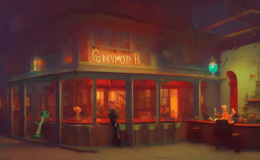 Image similar to A cheerful gnomish steampunk tavern, very coherent, painted by Edward Hopper, Wayne Barlowe, painted by James Gilleard, airbrush, art by JamesJean