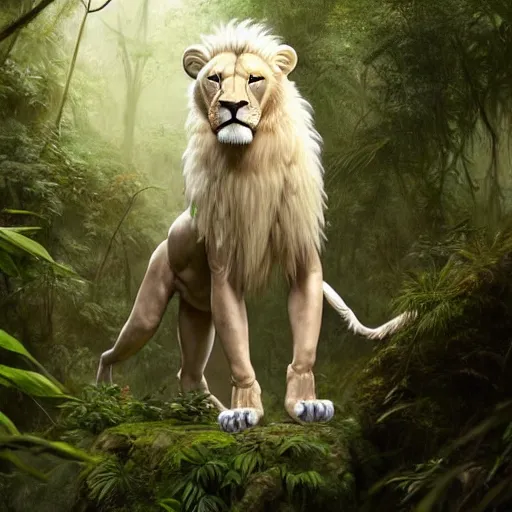 Prompt: commission portrait of a male anthro albino lion,dressed in jungle clothes,goung through a jungle.,dramatic,character design by charles bowater,greg rutkowski,ross tran,hyperdetailed,hyperrealistic,4k,deviantart,artstation,professional photography,concept art