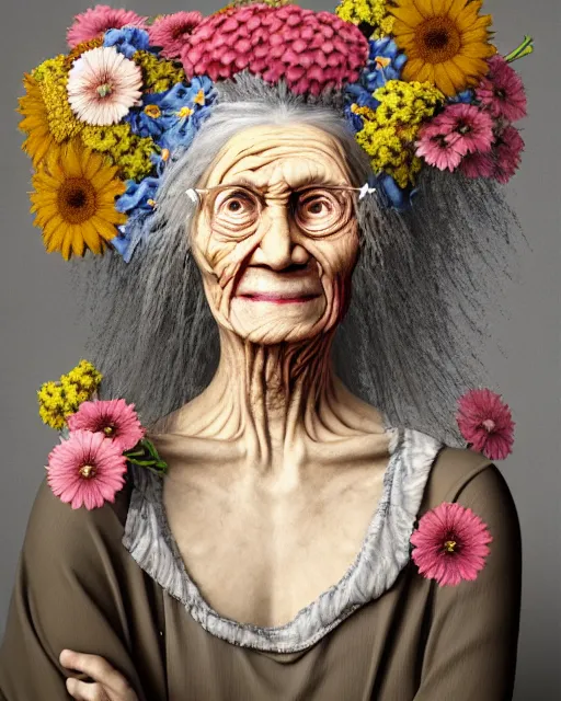 Image similar to a portrait of a fleshy old woman with a sly smile, covered in flowers in the style of guiseppe arcimboldo and james jean, covered in wispy gray hair with a hint of neon, hd 3 d, 8 k