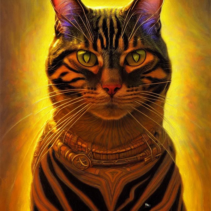 Image similar to cinematic bust portrait of psychedelic cat from left,, donato giancola, larry elmore, oil on canvas, masterpiece, trending on artstation, featured on pixiv, cinematic composition, dramatic pose, beautiful lighting, sharp, details, hyper - detailed, hd, hdr, 4 k, 8 k