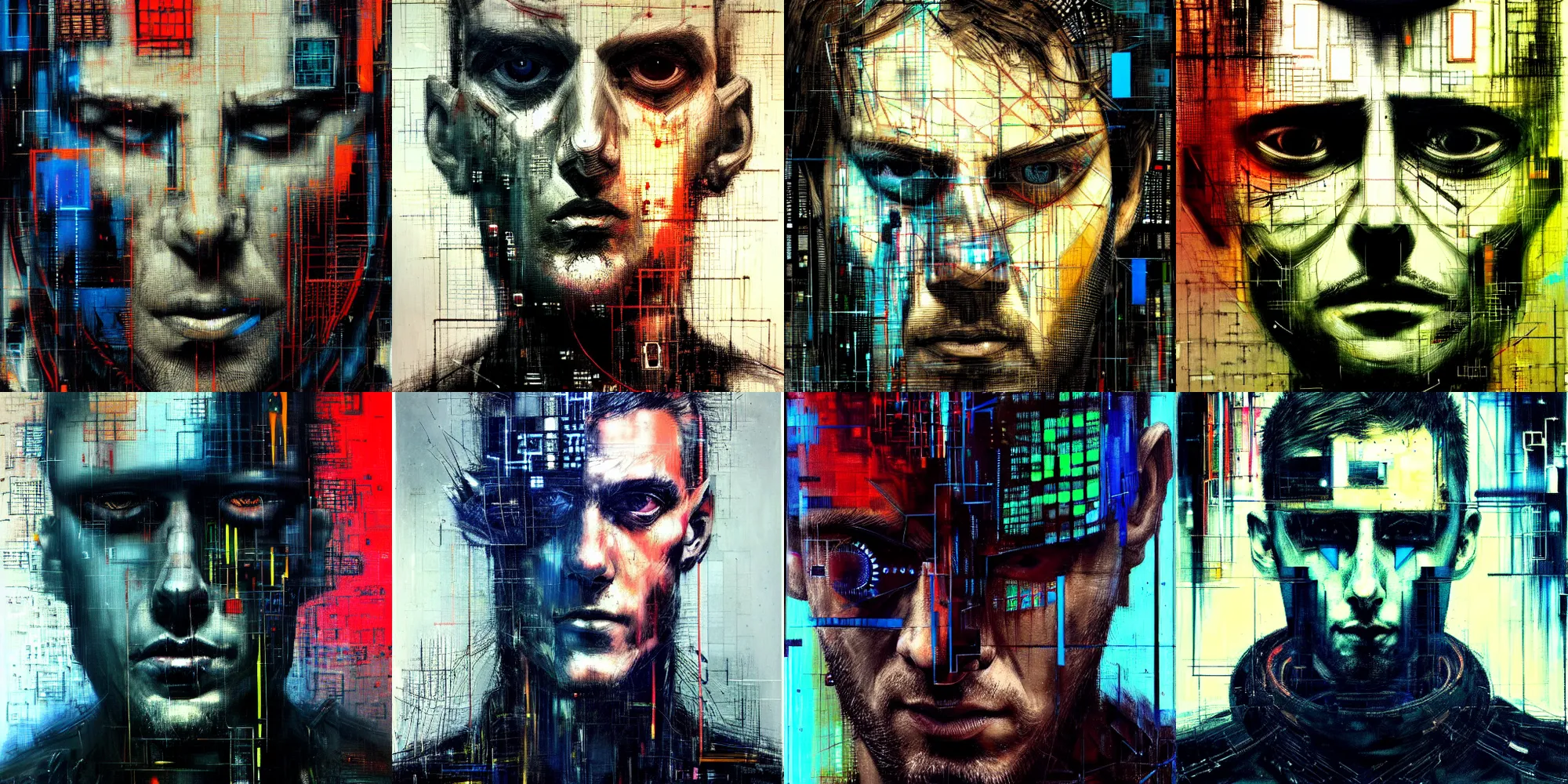 Image similar to hyperrealistic portrait of a cyberpunk man in cyberspace, by Guy Denning, Johannes Itten, Russ Mills, hacking effects, detailed lines, color blocking!, acrylic on canvas, insane detail, intricate, front view, symmetrical, octane, concept art, abstract, artistic, 8k, cinematic, trending on artstation