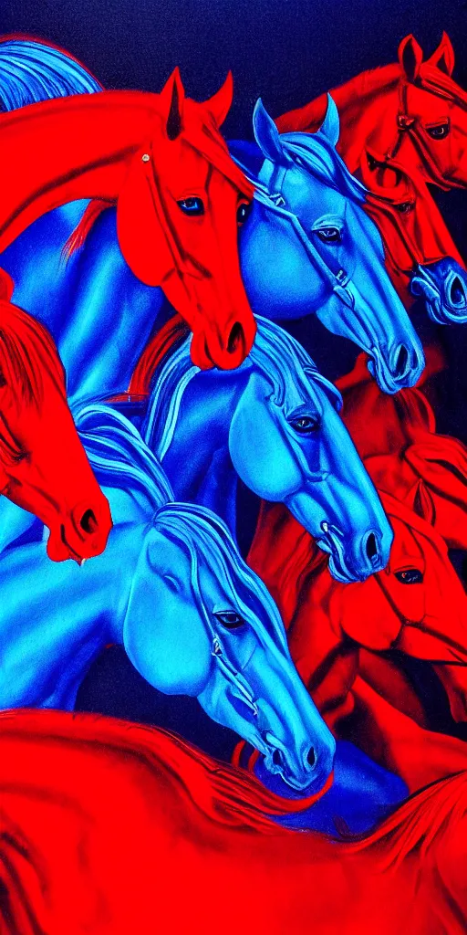 Image similar to red horses with blue riders, too many teeth, too many eyes, in hoc signo vinces, waterfall, in the style of gottfried helnwein, light by caravaggio, part by rodcenko, part by hofbauer, high contrast chiaroscuro, intricate composition, blue light, insanely quality, highly detailed, masterpiece, red light, artstation