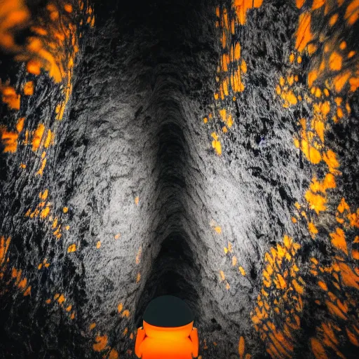 Prompt: A professional protographer's photo of inside a giant dark rock cavern, which inside has a giant orange glowing humanoid without face, staring into a giant skyscraper with thousands of floors and bright yellow windows