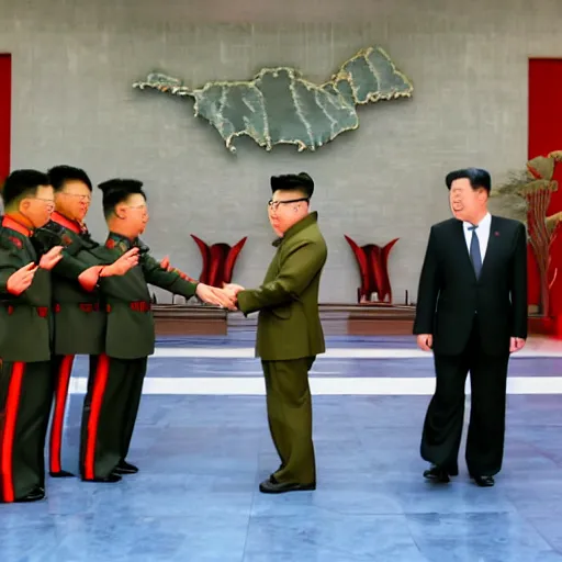 Image similar to a professional photograph of Bon Jovi shaking hands with Kim Jong-un in Pyongyang, 8k, dslr, cinematic,