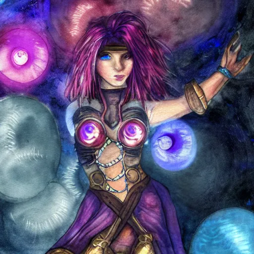 Image similar to Path of Exile, Maven, watercolour painting, female image with purple hair among colourful lights, dark blue spheres fly around, dark fantasy, steampunk, 4k,