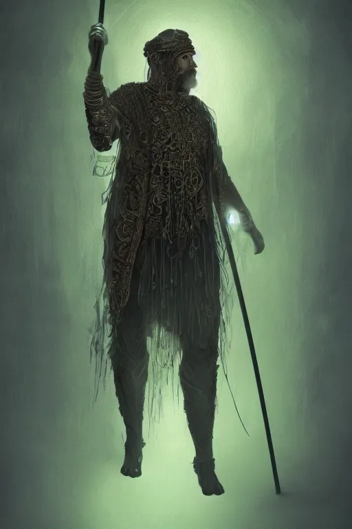 Image similar to full body portrait of an ancient man wearing layered black clothes with an elaborate cane that emits a soft green glow in an orange environment, atmosphere. dream like environment. soft. Foggy. Realistic concept art. V-ray. Ultra HD. 8K. Sharp details. 50mm. f/3.5.