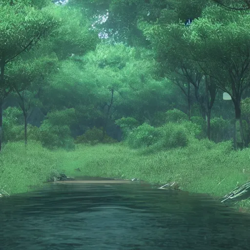 Image similar to a small river going down the forest but it is on the end of evangelion, cinematic pose, 8 k