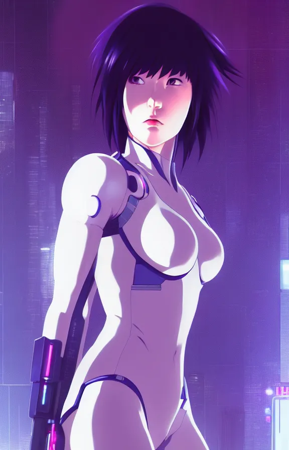 Image similar to a still fullbody portrait of motoko kusanagi ghost in the shell, finely detailed features, closeup at the faces, perfect art, at a cyberpunk city, gapmoe yandere grimdark, trending on pixiv fanbox, by ilya kuvshinov, rossdraws, artgerm