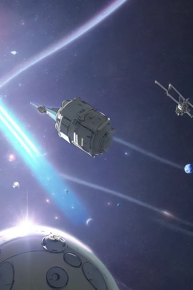 Image similar to a spacecraft moving towards earth by moebius and makoto shinkai, cinematic composition, wide shot