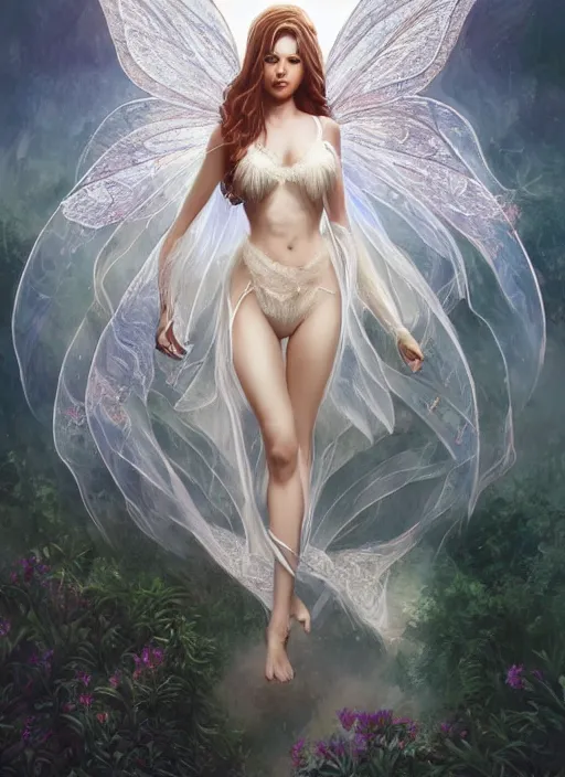 Image similar to full body portrait of a beautiful fairy women with wings of lace, by artgerm, sunny day, highly detailed, perfect lighting, perfect composition, symmetry, detailed features, 4 k, by alan lee, by derek zabrocki, by greg rutkowski