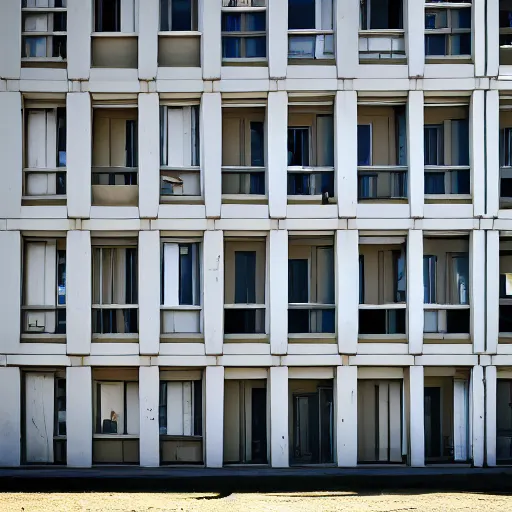 Image similar to A post-soviet average Polish residential block standing alone in the middle of an empty desert, sunny weather