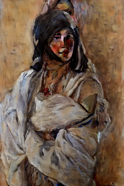 Image similar to Richard Schmid and Jeremy Lipking and Antonio Rotta full length portrait painting of a young beautiful traditonal berber woman from north africa