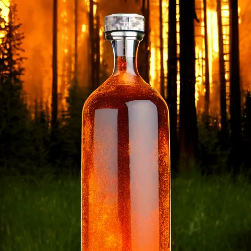 Prompt: a hyper hd advertisement photo of a translucent glass vodka bottle in the style of a propane cylinder with a forest fire surrounding it, dramatic lighting, sigma 5 0 mm, ƒ / 8, behance