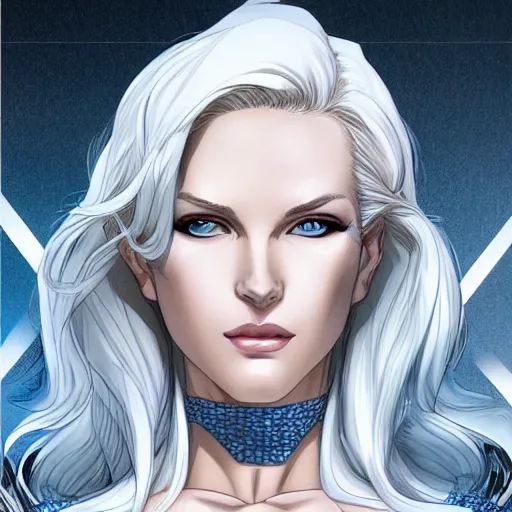 Image similar to portrait of emma frost, a beautiful woman in her 3 0 s with white blonde hair and blue eyes dressed in a fashionable white suit, detailed face, beautiful face, delicate features, smooth, sharp focus, graphic novel, art by artgerm, kazue kato, kore yamazaki, toni infante,