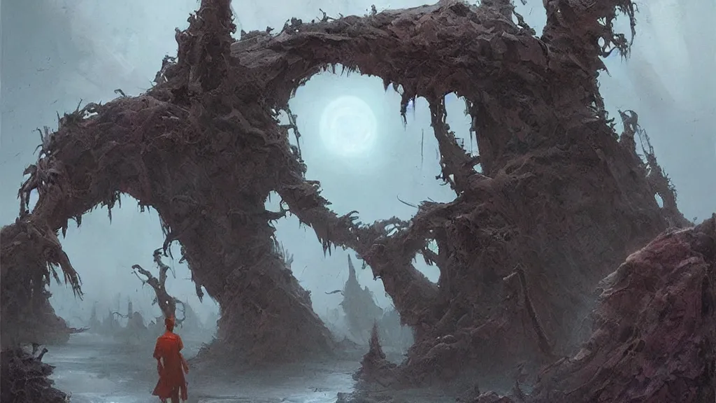 Prompt: eerie atmospheric alien worlds by john schoenherr and glenn barr, epic cinematic matte painting