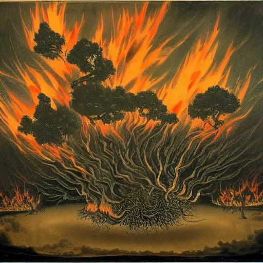 Prompt: a surrealist painting of a dark forest of japanese bonsai trees on fire!!, large red flames towering over the forest and bonsai trees, thick black smoke billowing in the sky, people standing around screening and running, ominous, in the style of francisco goya
