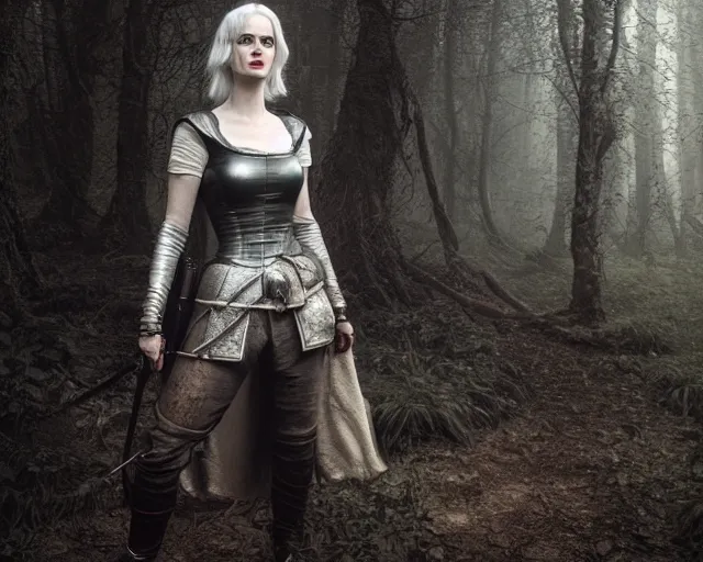 Image similar to 5 5 mm portrait photo of a real life tough looking eva green as ciri in leather armor with silver hair and a large scar along her left cheek, in a magical forest. dark atmosphere. art by greg rutkowski. highly detailed 8 k. intricate. lifelike. soft light. nikon d 8 5 0.