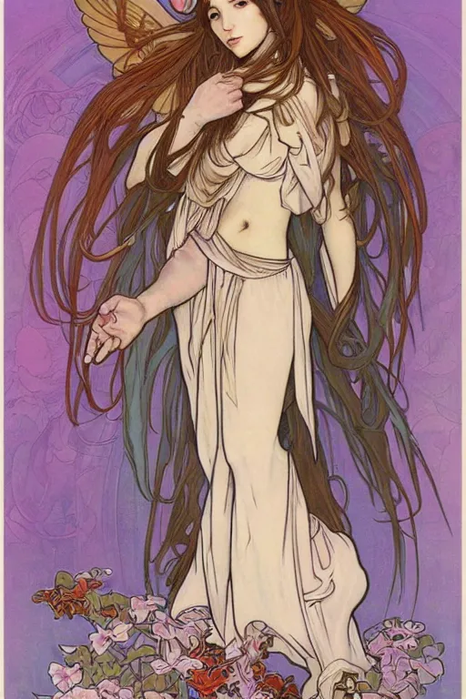 Image similar to Female angelic Fae in the style of Ayami Kojima and Alphonse Mucha