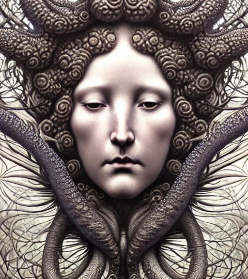 Image similar to detailed realistic beautiful cloud goddess face portrait by jean delville, gustave dore, iris van herpen and marco mazzoni, art forms of nature by ernst haeckel, art nouveau, symbolist, visionary, gothic, neo - gothic, pre - raphaelite, fractal lace, intricate alien botanicals, ai biodiversity, surreality, hyperdetailed ultrasharp octane render