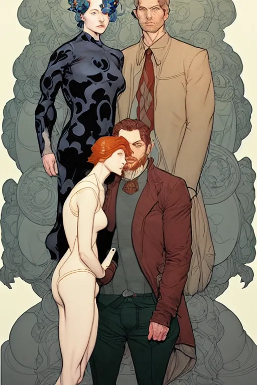 Image similar to artwork by James Jean, Phil noto and Rebecca guay of a handsome man and a beautiful woman back to back