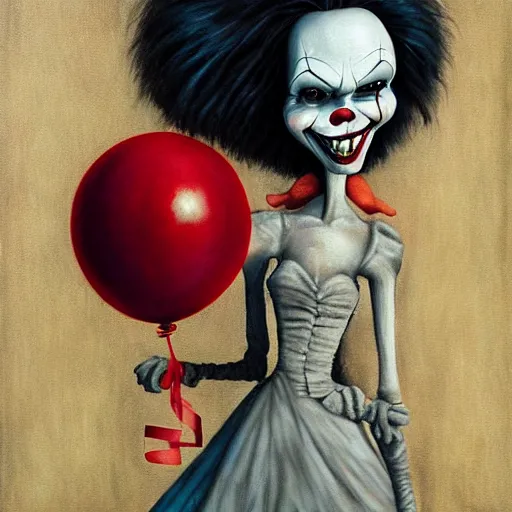 Prompt: grunge painting of the mist with a wide smile and a red balloon by chris leib, loony toons style, pennywise style, corpse bride style, horror theme, detailed, elegant, intricate, conceptual, volumetric light