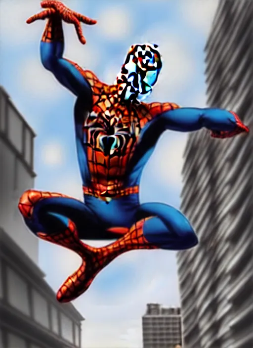 Image similar to spider man jumping from buildings with his net, by artgerm