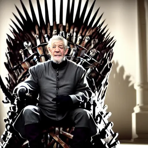 Image similar to a tv still of ian mckellen, as a king wearing an over - sized crown, sitting on the iron throne