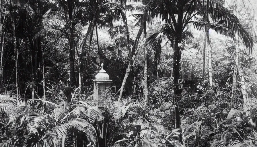 Image similar to lost film footage of a sacred object in the middle of the ( ( ( ( ( ( tropical jungle ) ) ) ) ) ) / film still / cinematic / enhanced / 1 9 2 0 s / black and white / grain