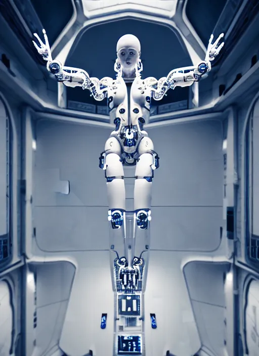 Prompt: space station interior, a statue jesus on cross made of white marble, perfect symmetrical body, full body shot, inflateble shapes, wires, tubes, veins, white biomechanical, wearing epic bionic cyborg implants, masterpiece, intricate, biopunk, vogue, highly detailed, artstation, concept art, cyberpunk, octane render