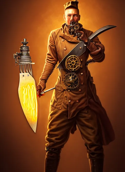 Prompt: detailed portrait of a steampunk chef character posing battle stance holding a giant glowing runeforged kitchen knife, diffuse lighting, scifi fantasy, intricate, highly detailed, lifelike, photorealistic, digital painting, artstation, illustration, concept art, smooth, sharp focus, art by john collier and albert aublet and krenz cushart