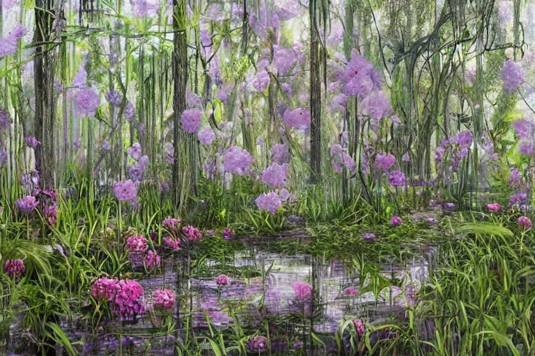 Image similar to hyperrealism, scene from louisiana swamps, starship, spring blooming flowers garden, true detective, 8 0 s japanese sci - fi books art