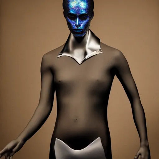 Image similar to a holographic athletic metal manequin, photographed by erwin olaf