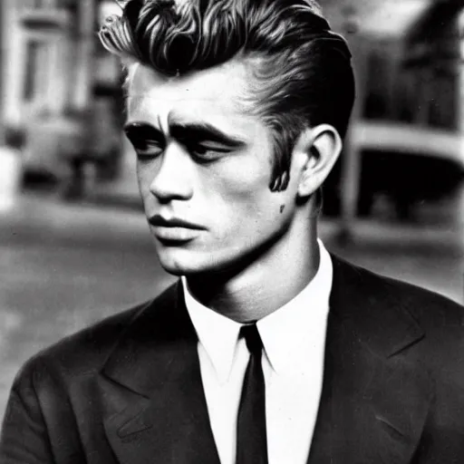 Image similar to genetic combination of james dean and boris karloff, face and shoulders focus