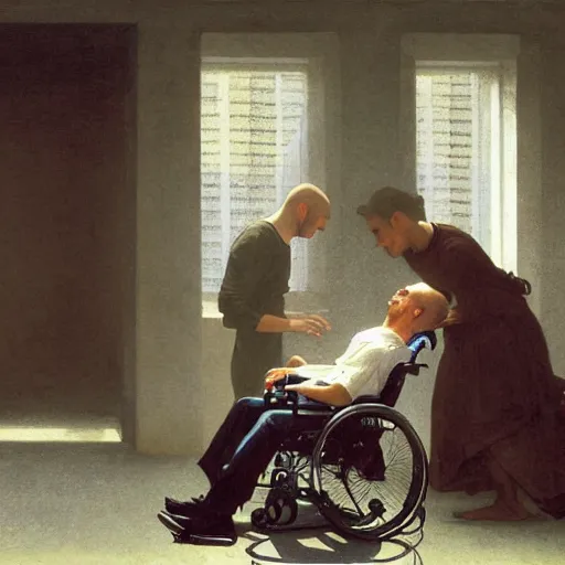 Image similar to a male patient in a wheelchair in the hospital with his wife and son standing by. happy, cheerful, smiling, intricate, face enhance, sharp focus, cinematic lighting, featured in artistation, 8 k, art by greg rutkowski, william adolphe bouguereau