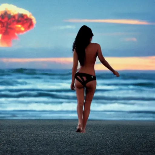 Image similar to beautiful bikini clad woman walking alone on a beach with a nuclear explosion in the background, rule of thirds