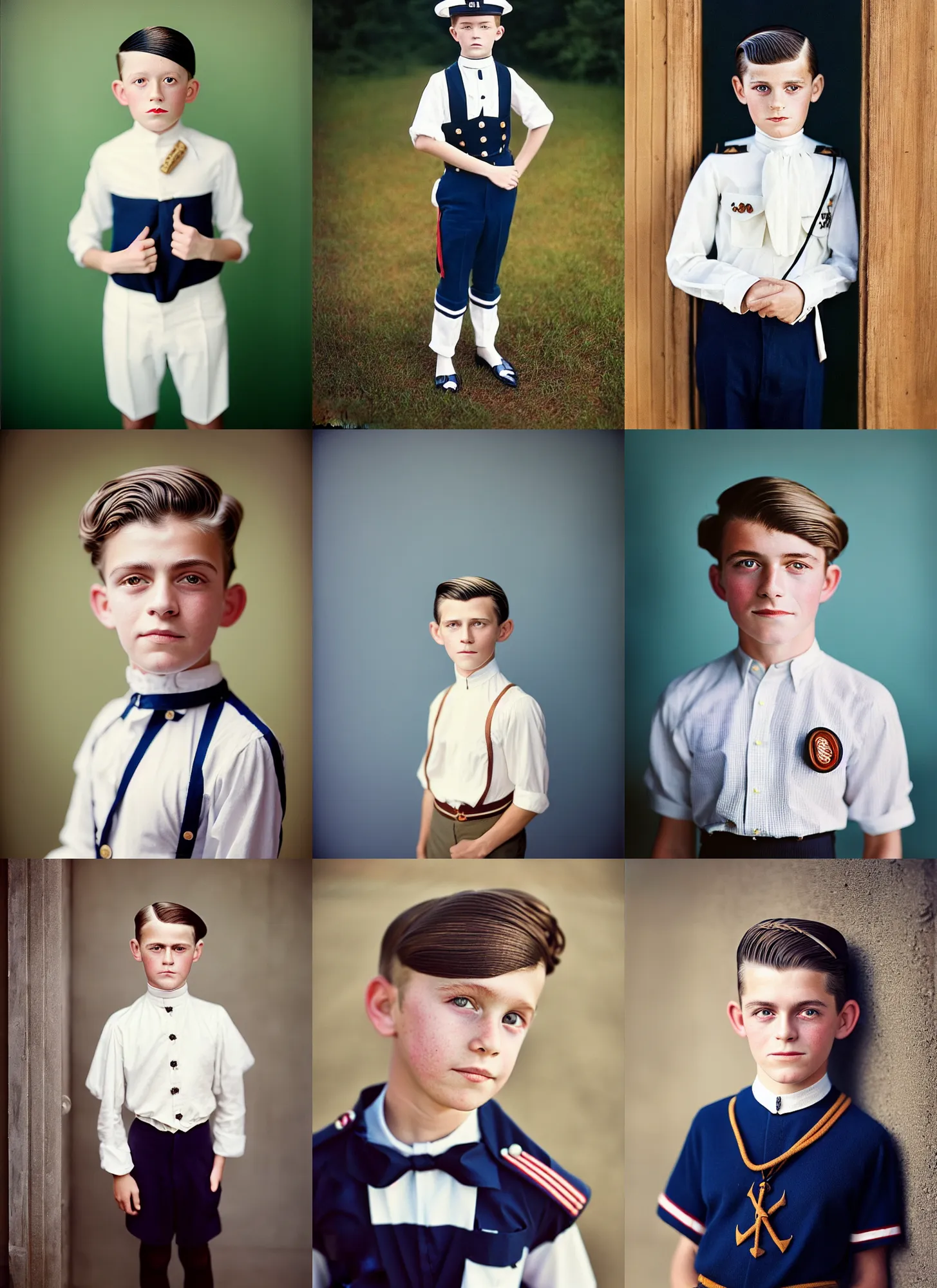 Prompt: kodak portra 4 0 0, 8 k, highly detailed, britt marling style, colour portrait of a handsome 8 year old sailor boy posing for instagram, 1 9 2 0 s hair style and cloth style, asymmetrical, hasselblad