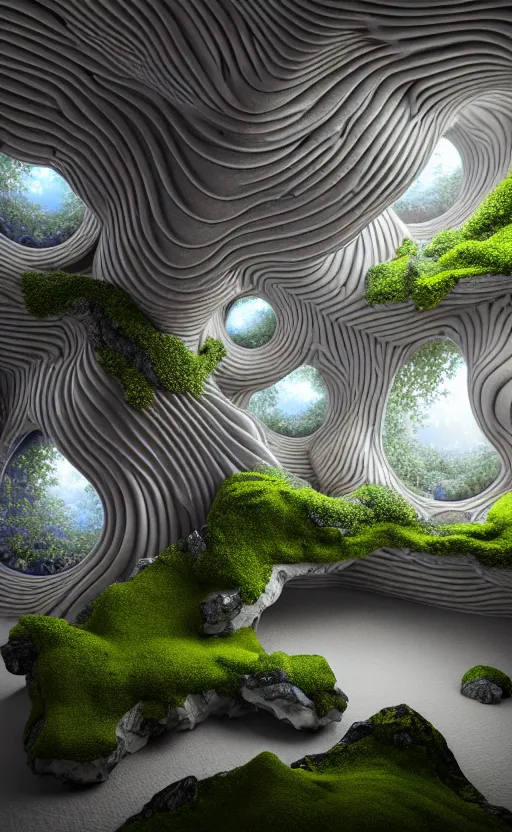Image similar to highly detailed ultra sharp 3 d render villa interior cinematic composition of a smooth ceramic porcelain biomorphic magnolia stone nebula fluid fractal sci - fi surreal architecture landscape, granite, metallic, magnesium, marble, moss and lichen, vincent callebaut composition, mamou - mani, archviz, beautiful lighting, 8 k, unreal engine, hdr,
