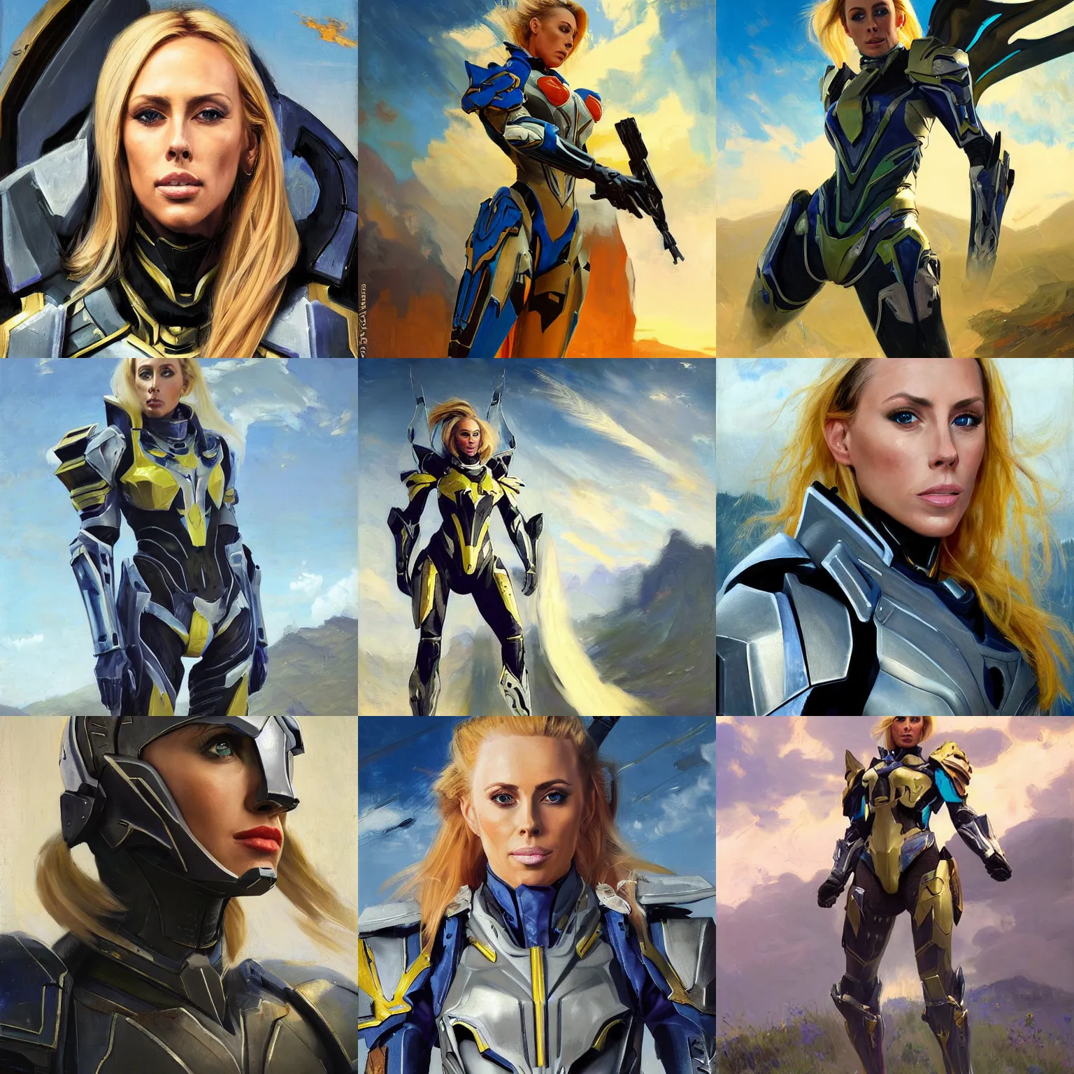 Prompt: portrait of Nicole Aniston with blonde hair wearing Interceptor's armor from Anthem, countryside, calm, fantasy character portrait, dynamic pose, above view, sunny day, thunder clouds in the sky, artwork by Jeremy Lipkin and Giuseppe Dangelico Pino and Michael Garmash and Rob Rey and Greg Manchess and Huang Guangjian, very coherent asymmetrical artwork, sharp edges, perfect face, simple form, 100mm
